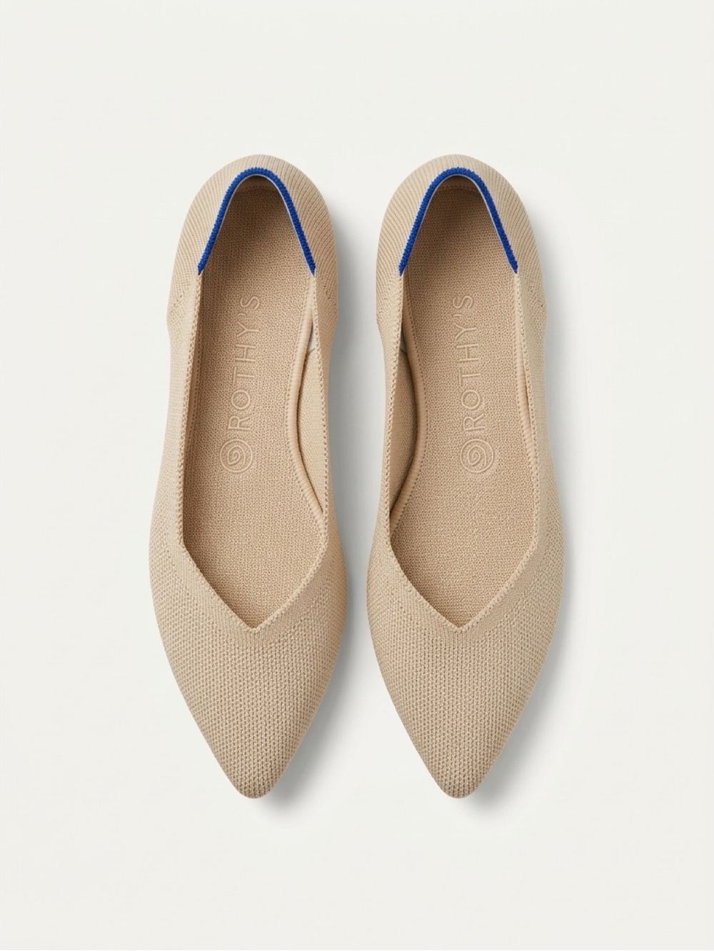 Rothy's Beige Pointed Knit Flats with Blue Trim